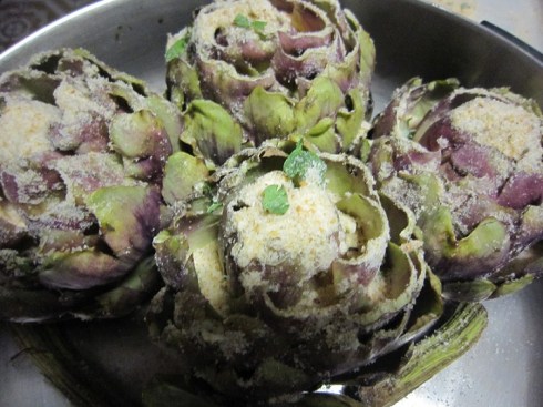 Five artichokes in the pan